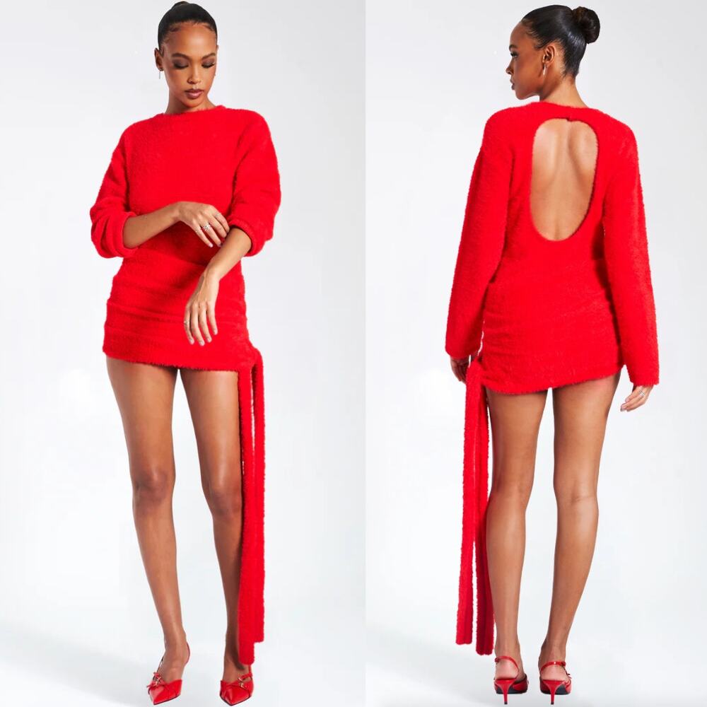 Miss Circle | NWT Keira Dress in Red Open Back Fuzzy Sweater Knit Mini XL